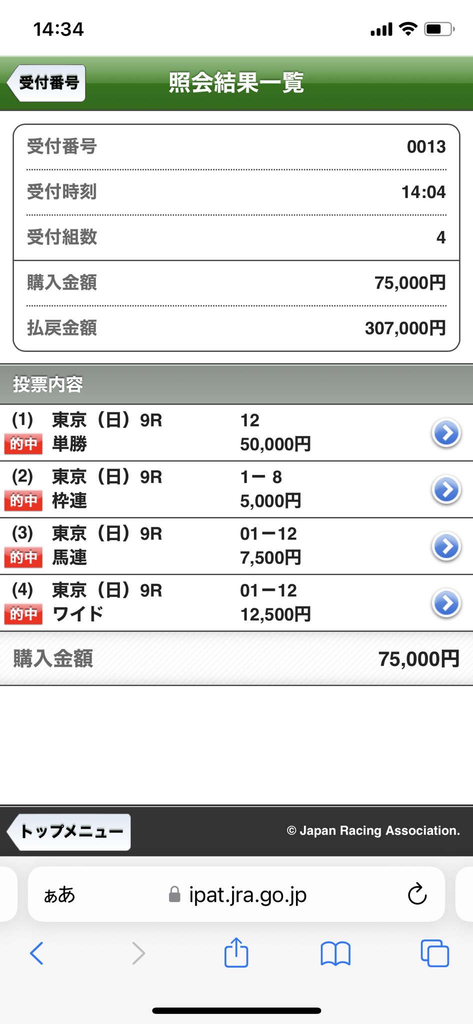 ２０２６年５月１７日東京９レースのテレ玉杯の的中馬券