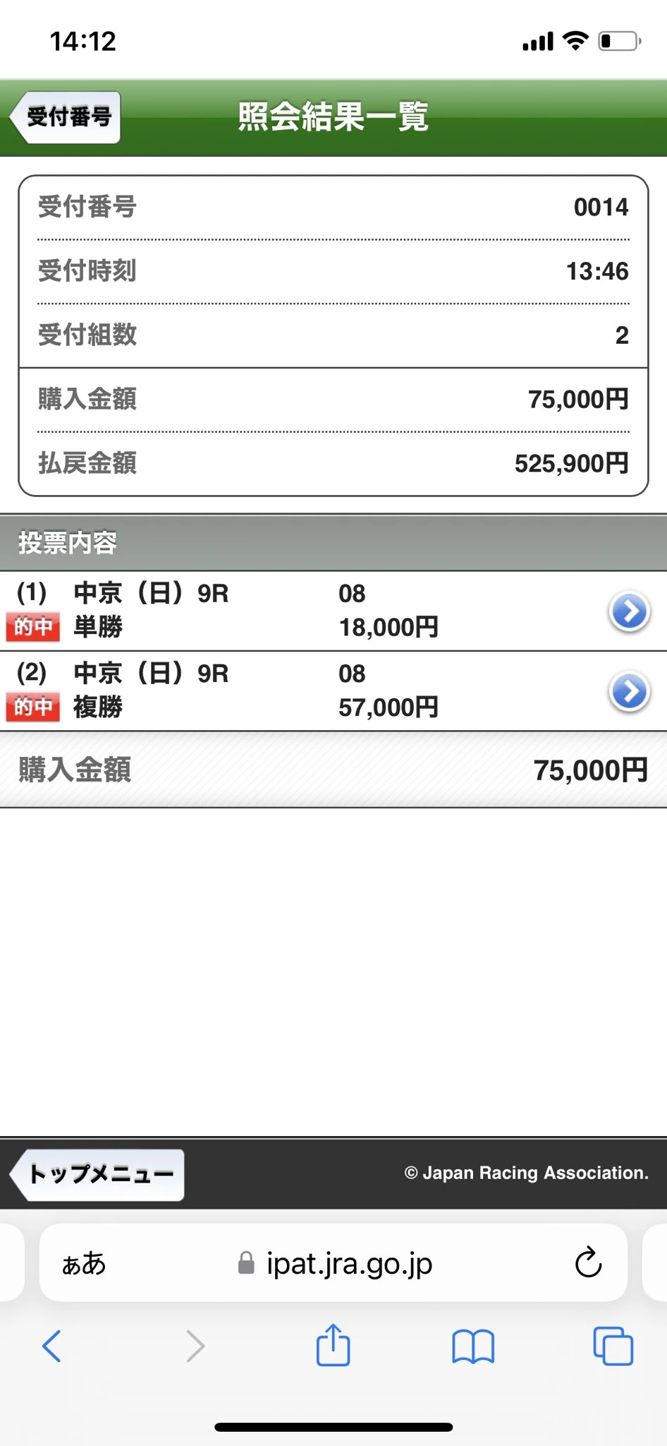 2026年3月22日(日)中京9レースで単勝と複勝が的中し、購入7万5000円に対し払戻52万5900円となった、横けんの実際の投票履歴画像