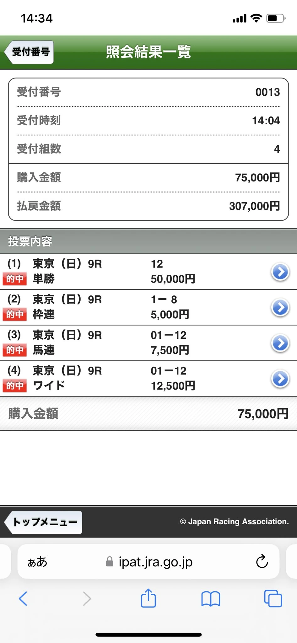 ２０２６年５月１７日東京９レースのテレ玉杯の的中馬券