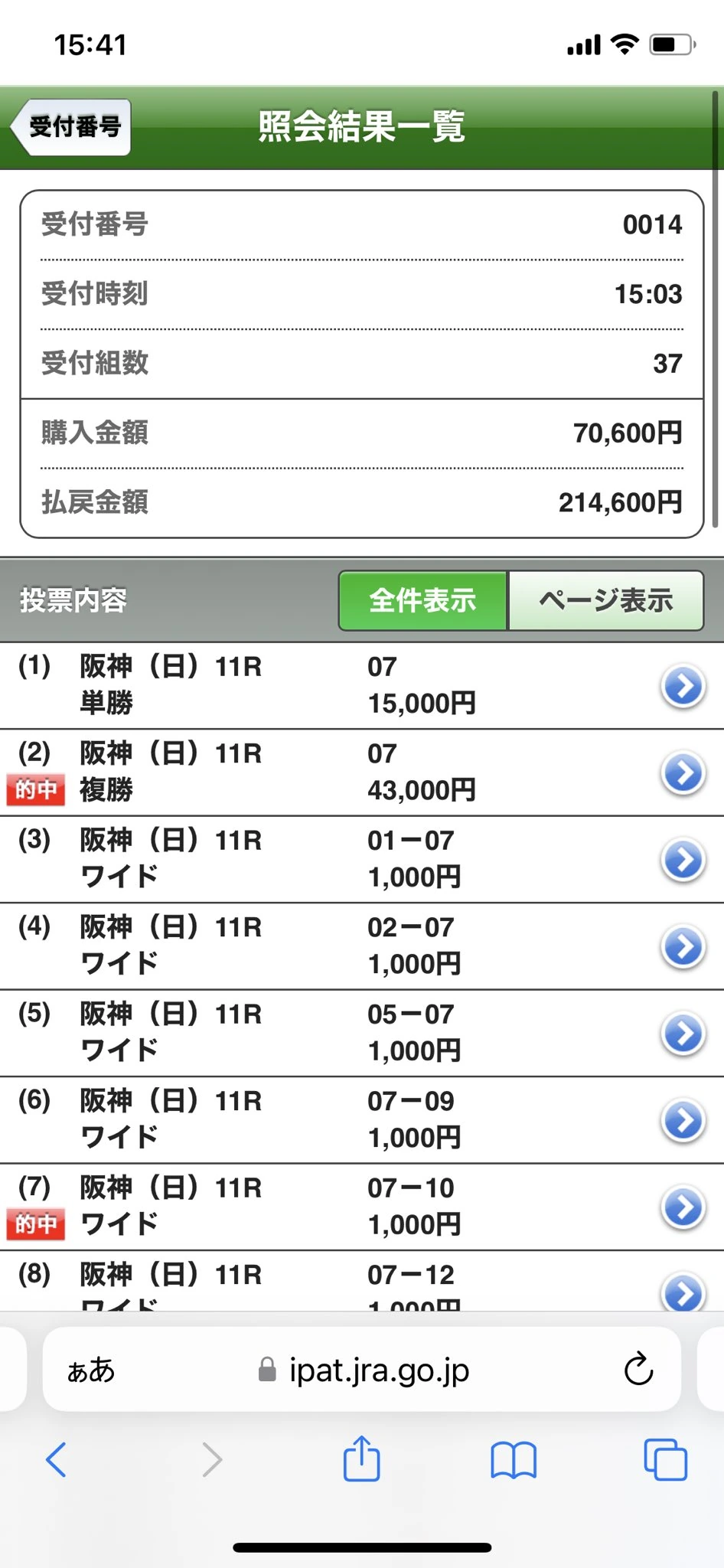 ２０２６年６月２１日阪神１１レースしらさぎｓでキープカルムを本命にして的中させた横けんの的中画像