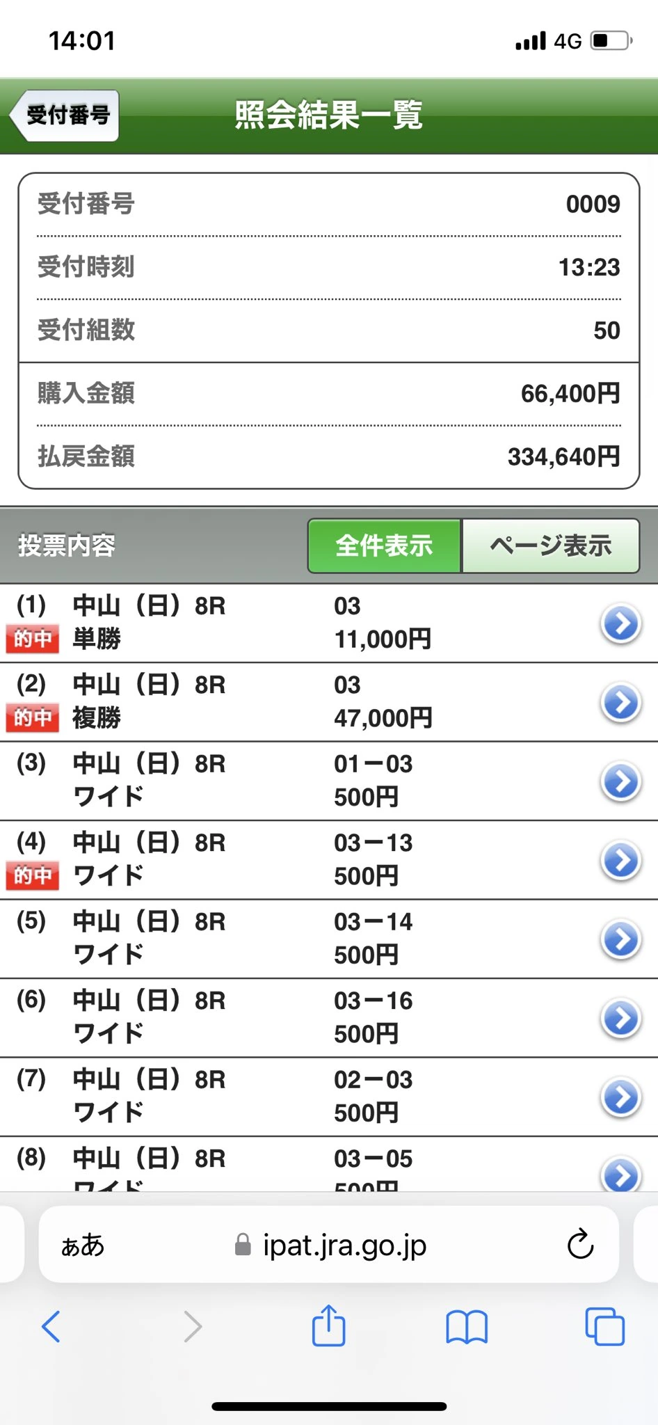 2026年9月13日の中山8レースの横けんが的中させた本命クラシオンの的中画像