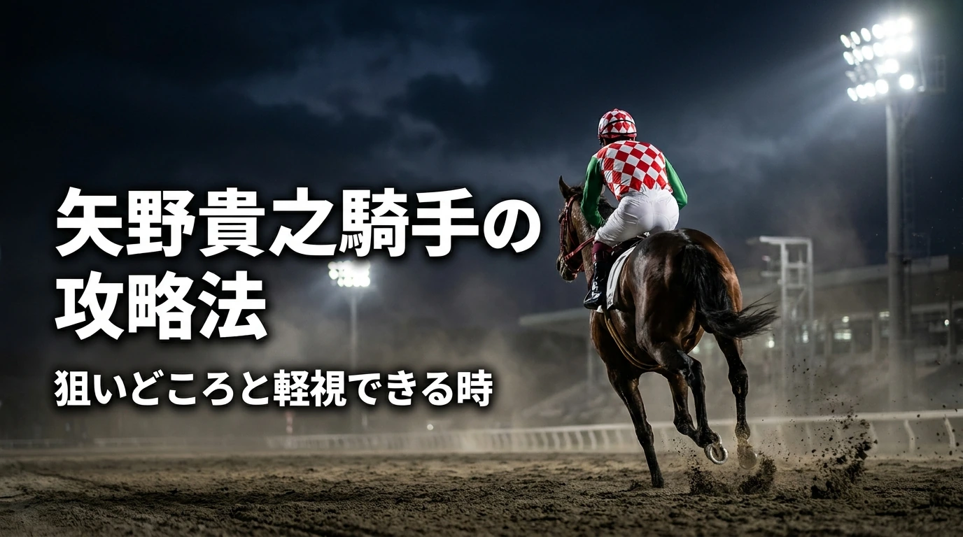 夜の地方競馬のダートコースを、胴が赤と白のダイヤ柄で袖が緑の勝負服の騎手が後ろ姿で駆け抜け、左側に白い大きな文字で「矢野貴之騎手の攻略法」「狙いどころと軽視できる時」と書かれた画像